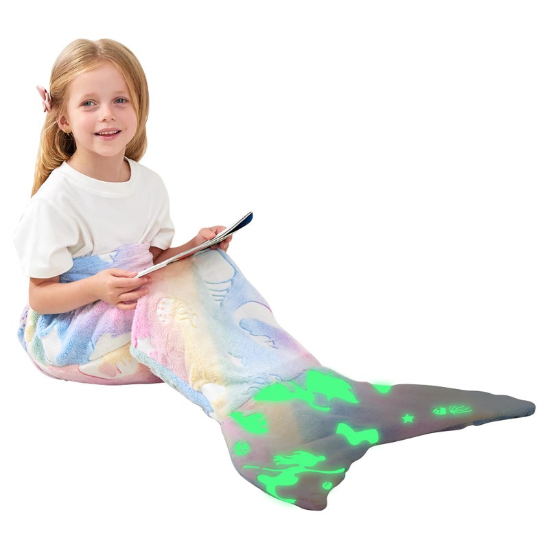 Viviland Kids Mermaid Tail Blanket Mermaid Tail Blankets Glow in The Dark Flannel Mermaid Blanket Gifts for Girls Luminous Unicorn Super Soft Tie Dye Girls Multicolor Jellyfish 1739