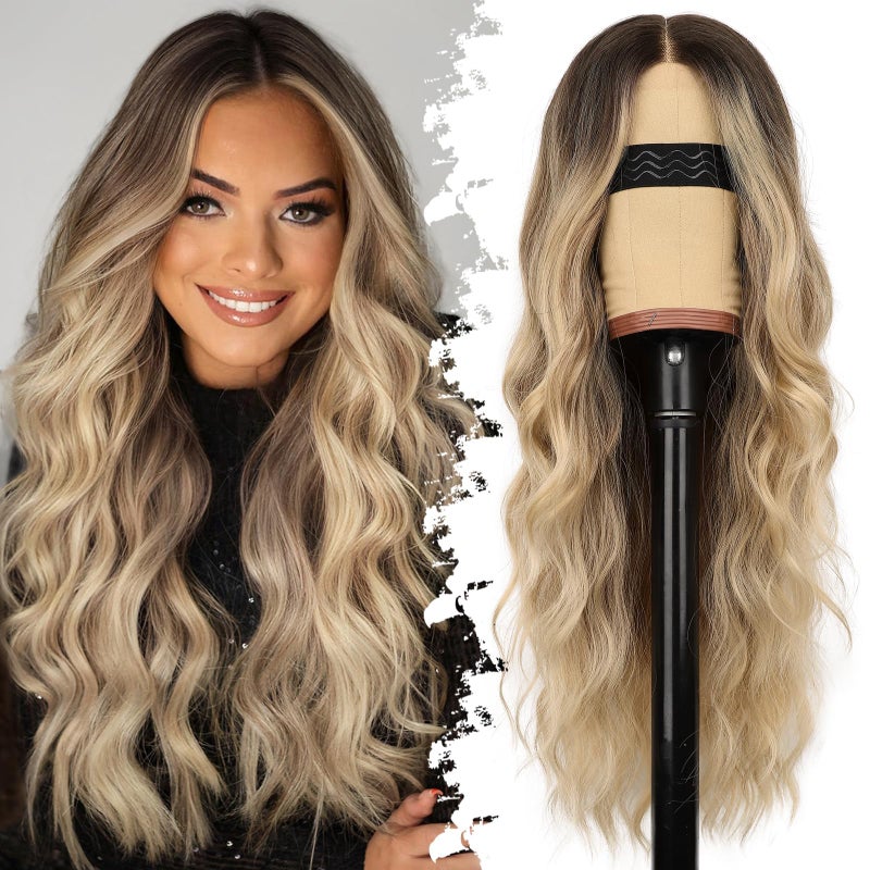 Eawwii Ombre Blonde Wig for Women Long Wavy 4x1 Lace Natural Hairline Glueless for Beginners Middle Part Synthetic for Daily Party Use 26Inch - Image 1