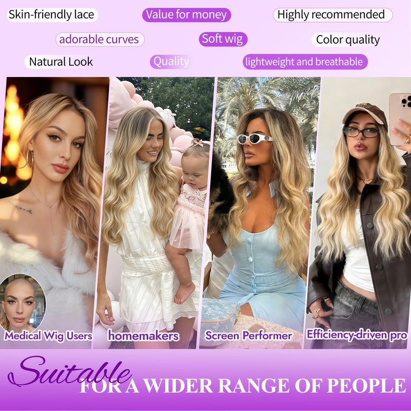 Eawwii Ombre Blonde Wig for Women Long Wavy 4x1 Lace Natural Hairline Glueless for Beginners Middle Part Synthetic for Daily Party Use 26Inch - Image 3