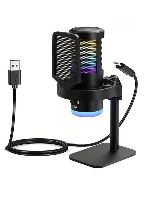 USB Gaming Microphone Condenser Desktop Kit - Dynamic RGB – Noise reduction - Real Time Monitor - Instant Mute - Gain Knob, for Streaming, Voice-Over,YouTube, Discord, Windows, PC, laptop