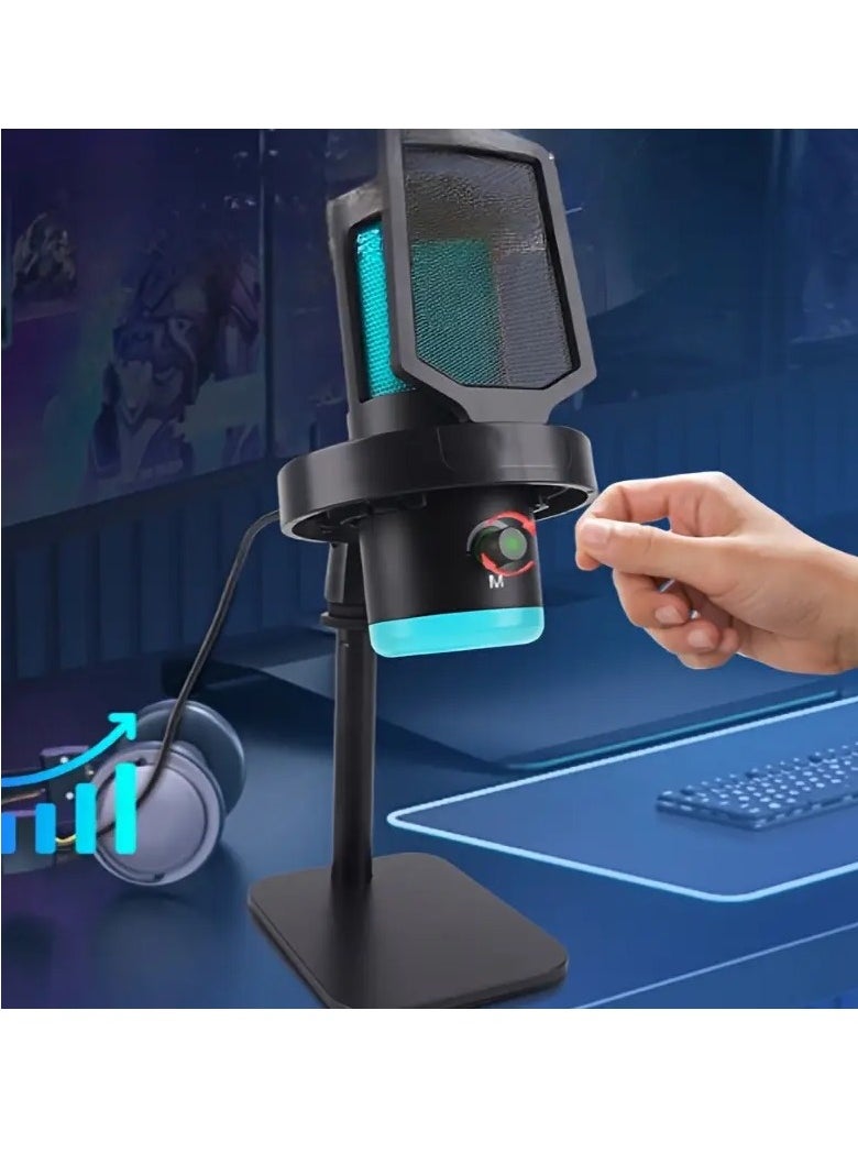 USB Gaming Microphone Condenser Desktop Kit - Dynamic RGB – Noise reduction - Real Time Monitor - Instant Mute - Gain Knob, for Streaming, Voice-Over,YouTube, Discord, Windows, PC, laptop