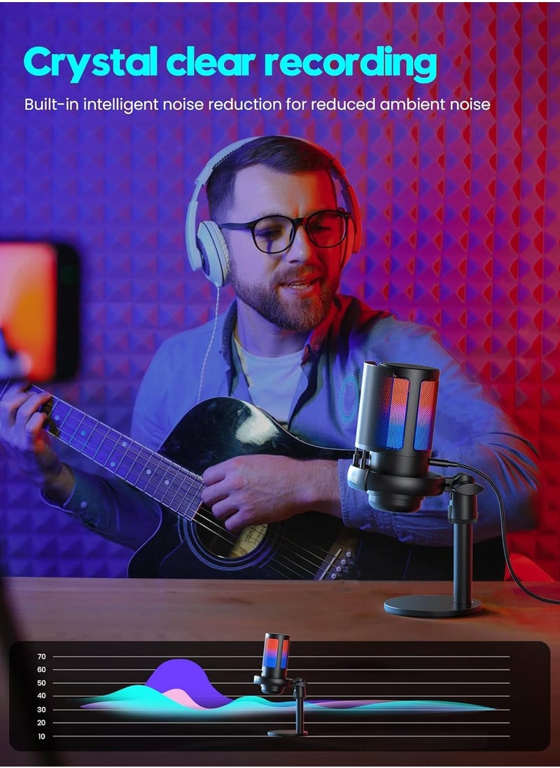 USB Gaming Microphone Condenser Desktop Kit - Dynamic RGB – Noise reduction - Real Time Monitor - Instant Mute - Gain Knob, for Streaming, Voice-Over,YouTube, Discord, Windows, PC, laptop
