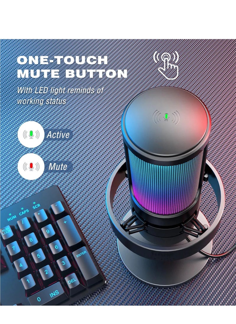 USB Gaming Microphone Condenser Desktop Kit - Dynamic RGB – Noise reduction - Real Time Monitor - Instant Mute - Gain Knob, for Streaming, Voice-Over,YouTube, Discord, Windows, PC, laptop