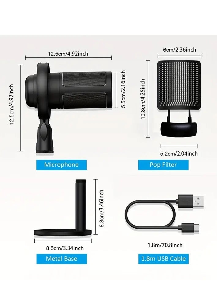 USB Gaming Microphone Condenser Desktop Kit - Dynamic RGB – Noise reduction - Real Time Monitor - Instant Mute - Gain Knob, for Streaming, Voice-Over,YouTube, Discord, Windows, PC, laptop