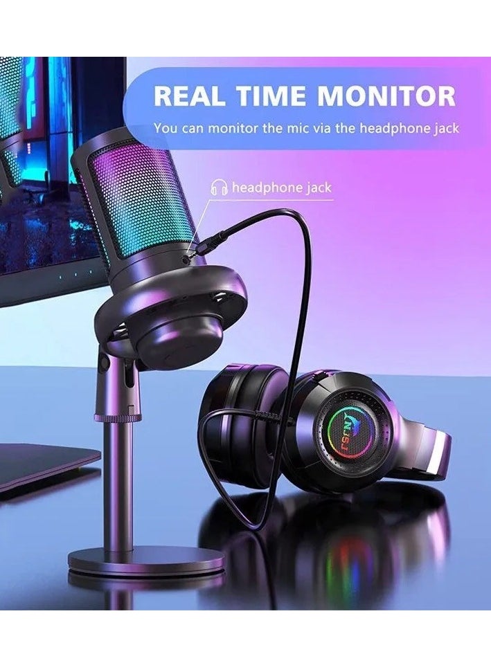 USB Gaming Microphone Condenser Desktop Kit - Dynamic RGB – Noise reduction - Real Time Monitor - Instant Mute - Gain Knob, for Streaming, Voice-Over,YouTube, Discord, Windows, PC, laptop
