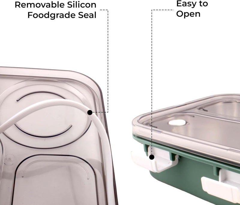 BrainGiggles Global standard quality Stainless Steel Lunchbox with Thermos and Cutlery | 3-Compartments Insulated Lunch Box for Adults, Kids | Leak Proof Tiffin for Kids | Bento Box for School, Office (Green) Changing environment compatible - Image 4