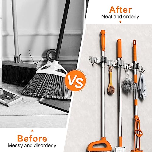 CUXIXA Mop and Broom Holder Wall Mount, Upgraded Broom Organizer Wall Mount, Stainless Steel Broom Hanger Wall Mount for Home Kitchen Garden Laundry Garage (3 Racks with 4 Hooks) - Image 2