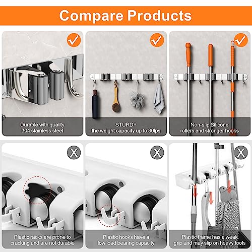 CUXIXA Mop and Broom Holder Wall Mount, Upgraded Broom Organizer Wall Mount, Stainless Steel Broom Hanger Wall Mount for Home Kitchen Garden Laundry Garage (3 Racks with 4 Hooks) - Image 4