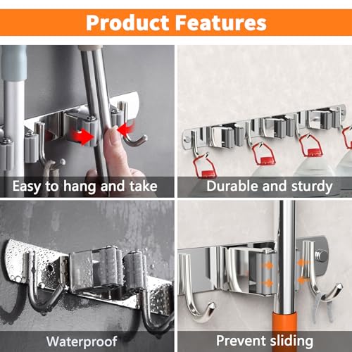 CUXIXA Mop and Broom Holder Wall Mount, Upgraded Broom Organizer Wall Mount, Stainless Steel Broom Hanger Wall Mount for Home Kitchen Garden Laundry Garage (3 Racks with 4 Hooks) - Image 3