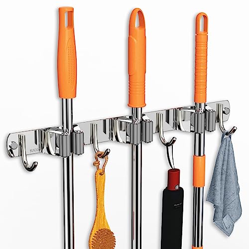 CUXIXA Mop and Broom Holder Wall Mount, Upgraded Broom Organizer Wall Mount, Stainless Steel Broom Hanger Wall Mount for Home Kitchen Garden Laundry Garage (3 Racks with 4 Hooks) - Image 1