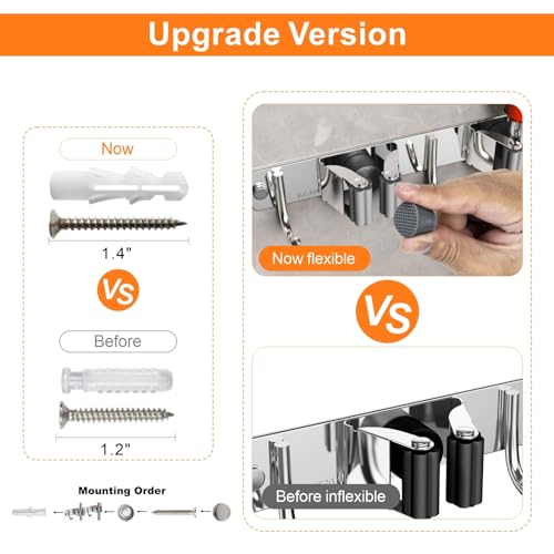 CUXIXA Mop and Broom Holder Wall Mount, Upgraded Broom Organizer Wall Mount, Stainless Steel Broom Hanger Wall Mount for Home Kitchen Garden Laundry Garage (3 Racks with 4 Hooks) - Image 5