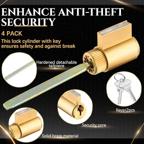 JaGely 4 Pcs Lock Cylinder 1.25 Inch Lock Replacement Parts Brass Door Cylinder with Hardened Break Away Tailpiece Brass Key with 8 Different Keys - Image 3