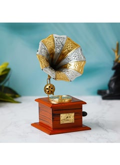 Webelkart Webelkart Premium Rajasthani Antique Vintage Sparkle Square Brass Gramophone Showpiece for Home Decor |Gift Item for Home and Living Room - Table Decor Item (9.5" Inches)  - Image 1