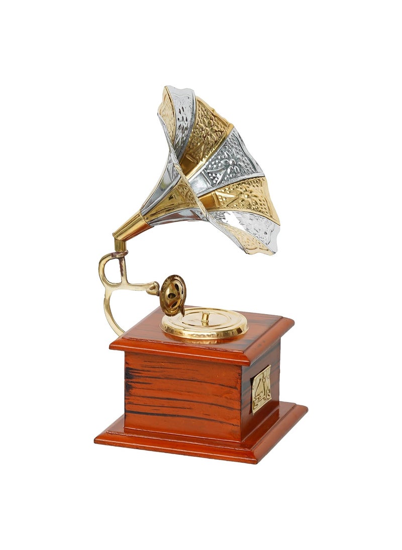Webelkart Webelkart Premium Rajasthani Antique Vintage Sparkle Square Brass Gramophone Showpiece for Home Decor |Gift Item for Home and Living Room - Table Decor Item (9.5" Inches)  - Image 4