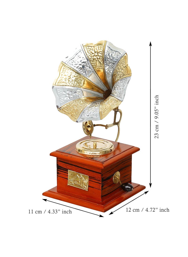 Webelkart Webelkart Premium Rajasthani Antique Vintage Sparkle Square Brass Gramophone Showpiece for Home Decor |Gift Item for Home and Living Room - Table Decor Item (9.5" Inches)  - Image 3