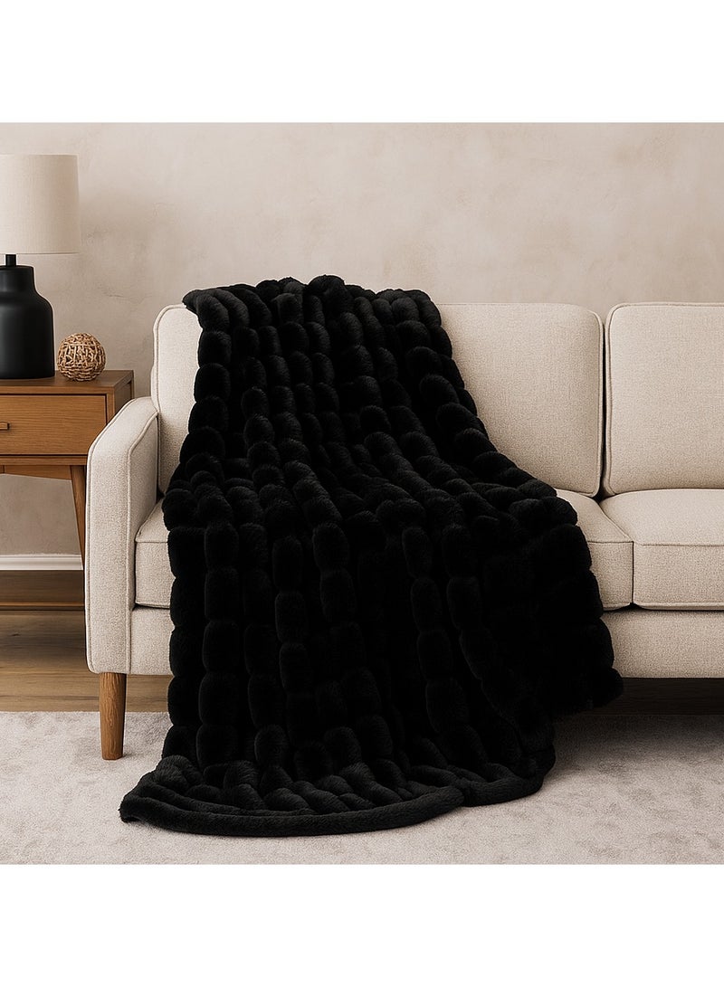 Striped Faux Rabbit Fur Throw Blanket – Super Soft Lightweight Plush for Sofa and Bed (Black) - Image 3