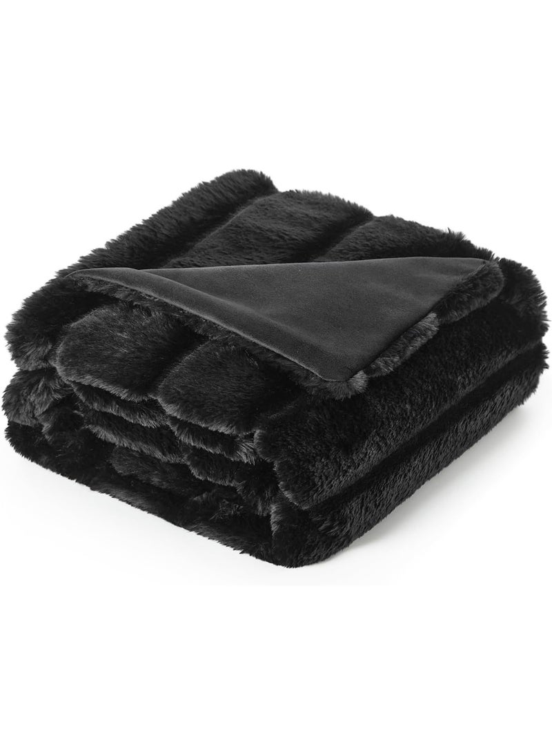 Striped Faux Rabbit Fur Throw Blanket – Super Soft Lightweight Plush for Sofa and Bed (Black) - Image 4