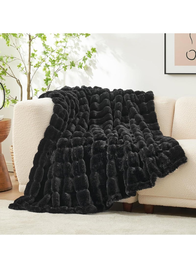 Striped Faux Rabbit Fur Throw Blanket – Super Soft Lightweight Plush for Sofa and Bed (Black) - Image 1