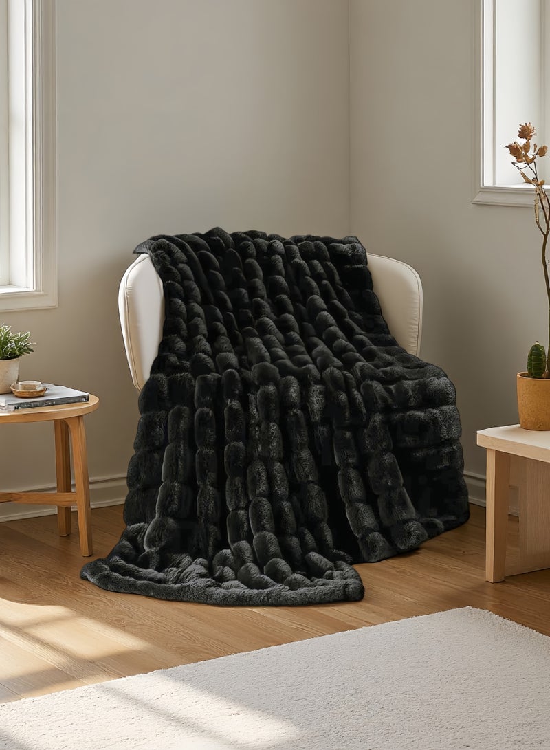 Striped Faux Rabbit Fur Throw Blanket – Super Soft Lightweight Plush for Sofa and Bed (Black) - Image 2