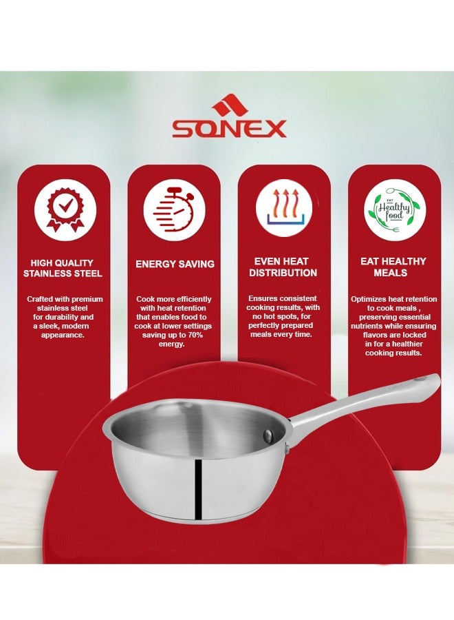 SONEX SONEX Majestic Stainless Steel Milk & Sauce Pan, 17 cm (1.2 Ltr) – Sandwich Bottom, Cool Handle, Ideal for Heating Milk, Sauces, Soups, and More, Durable Construction, Easy Pour Spout  - Image 4