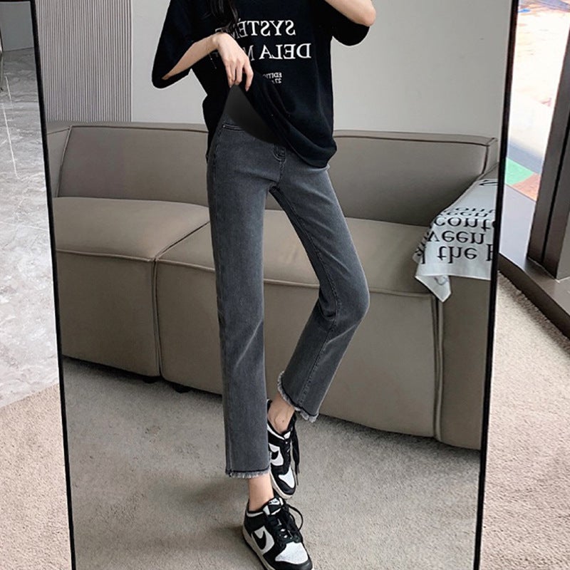 Elastic Maternity Denim Capris Breathable Casual Fashion gray