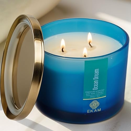 EKAM | 3 Wick Soy Wax Scented Candle| 35 Hours Burn Time| Long Lasting Premium Candles| Ideal for Home Decor, Gifting & Aromatherapy| Ocean Dream Fragrance - Image 1