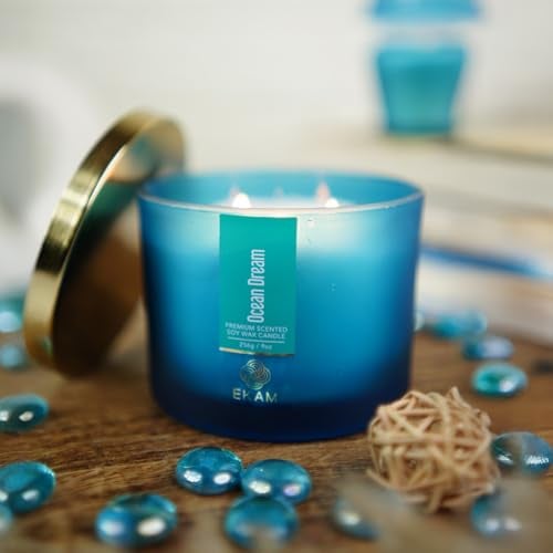 EKAM | 3 Wick Soy Wax Scented Candle| 35 Hours Burn Time| Long Lasting Premium Candles| Ideal for Home Decor, Gifting & Aromatherapy| Ocean Dream Fragrance - Image 4