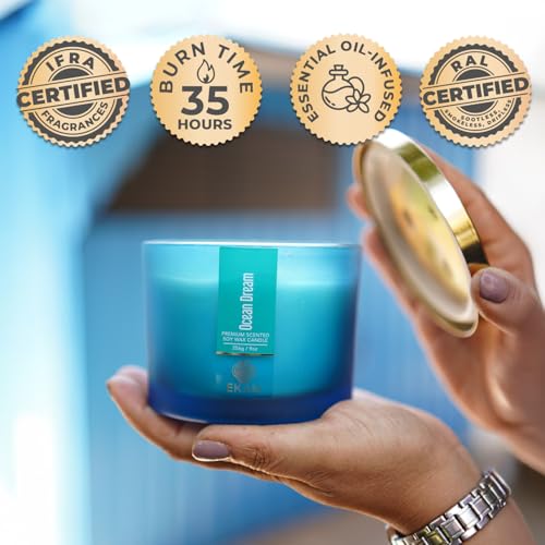 EKAM | 3 Wick Soy Wax Scented Candle| 35 Hours Burn Time| Long Lasting Premium Candles| Ideal for Home Decor, Gifting & Aromatherapy| Ocean Dream Fragrance - Image 2