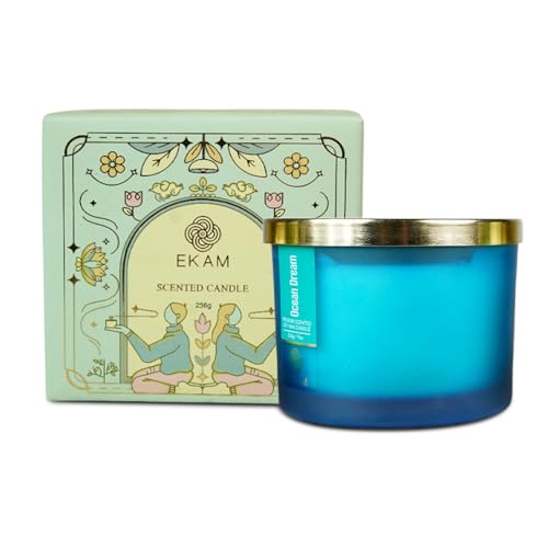 EKAM | 3 Wick Soy Wax Scented Candle| 35 Hours Burn Time| Long Lasting Premium Candles| Ideal for Home Decor, Gifting & Aromatherapy| Ocean Dream Fragrance - Image 3