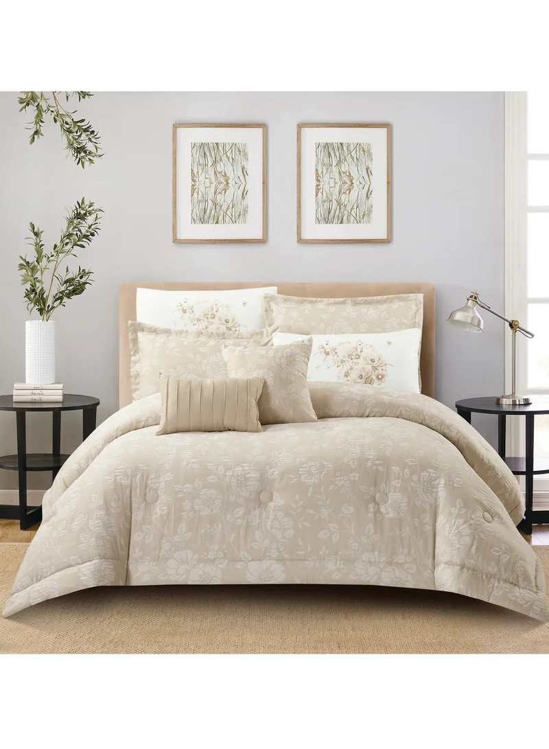 Donetella Bedding Comforter Set 5-Pcs Single Size Solid Yarn Dyed Bed Set Fits (120 x 200 Cm) All Season 350GSM Feather Silk Fill,Linen