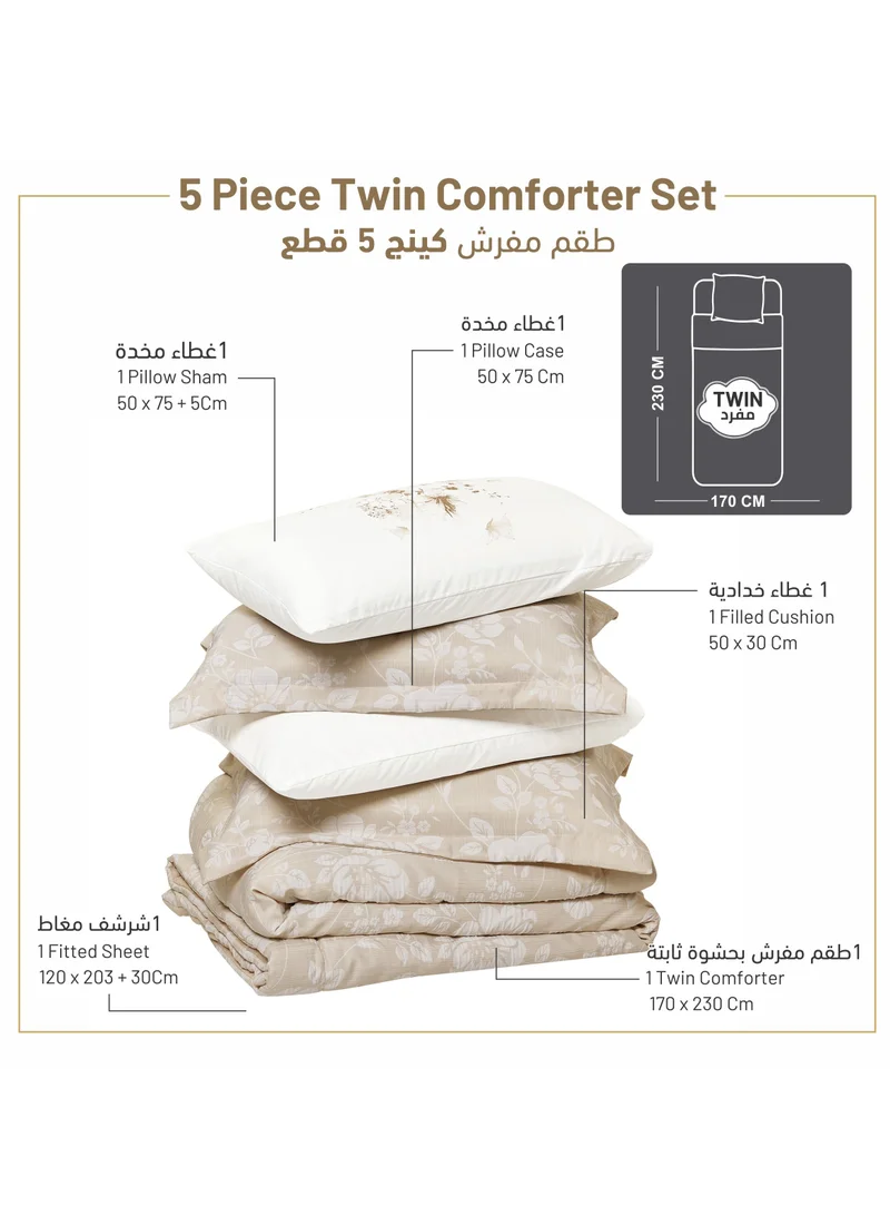 Donetella Bedding Comforter Set 5-Pcs Single Size Solid Yarn Dyed Bed Set Fits (120 x 200 Cm) All Season 350GSM Feather Silk Fill,Linen