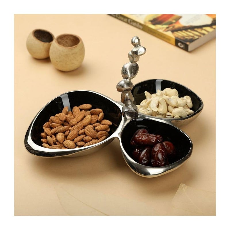 Decor de Maison Handcrafted Stones Servingware Jet Black enamle Triple Bowl Platter Colours Available Silver Gold Set of 3 for Snacks Food Dry Fruits 11 inch Length - Image 1
