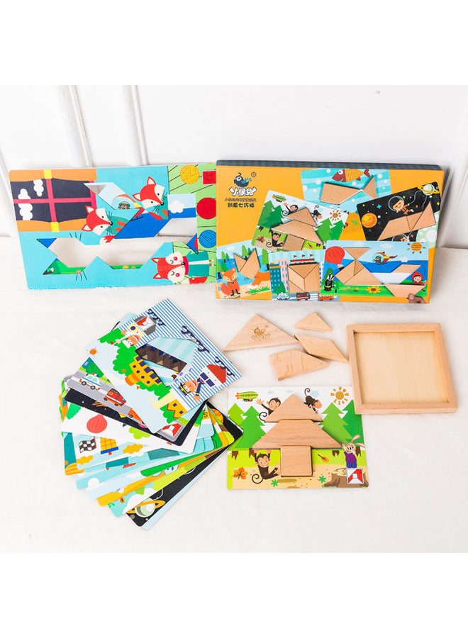 Wooden Creative Jigsaw Puzzle Wooden Early Education Puzzle Jigsaw Puzzle Children's Classic Mental Development Toy 0.9-Color:Tangram Suit Color Style - Image 3