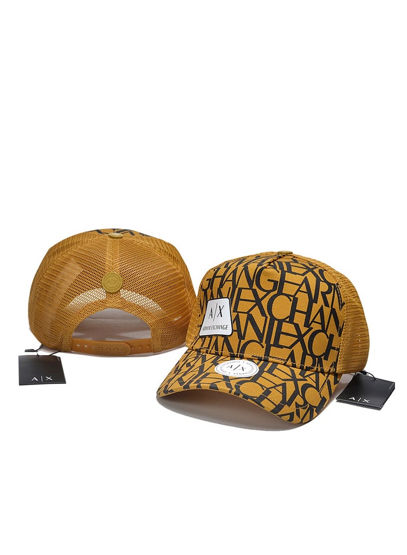 Trucker Hat: Mustard Mesh, All - Over Logo Print