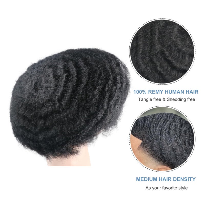 lumeng Man Weave Hair Unit 6inch hair length 360 Wave Skin Pu for Black Men 100% Human Hair Afro 12mm Toupee African American MenToupees 8x10inch 1# Jet Black - Image 4