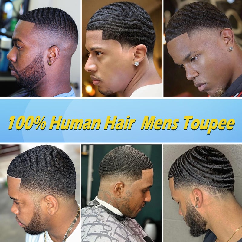 lumeng Man Weave Hair Unit 6inch hair length 360 Wave Skin Pu for Black Men 100% Human Hair Afro 12mm Toupee African American MenToupees 8x10inch 1# Jet Black - Image 5