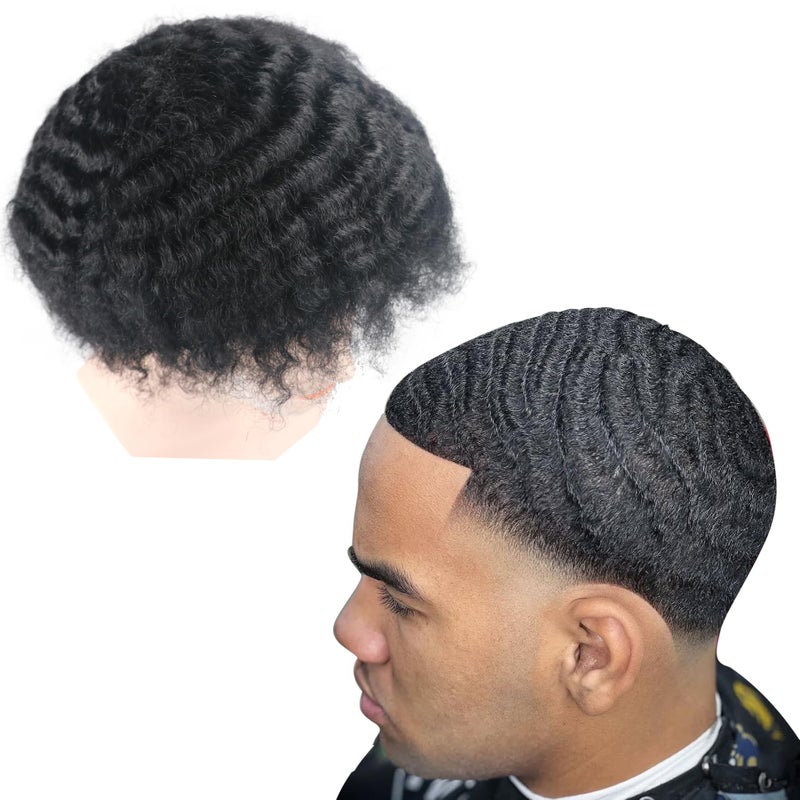 lumeng Man Weave Hair Unit 6inch hair length 360 Wave Skin Pu for Black Men 100% Human Hair Afro 12mm Toupee African American MenToupees 8x10inch 1# Jet Black - Image 1