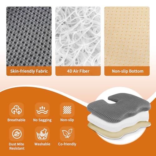Gooo&Ma GoooMa Car Seat Cushion Office Chair Pad Air Fiber Breathable UShape Cooling Cushion for Tailbone Comfort Driving Desk Gaming Ergonomic Washable Seat Pad with NonSlip BaseGrey - Image 3