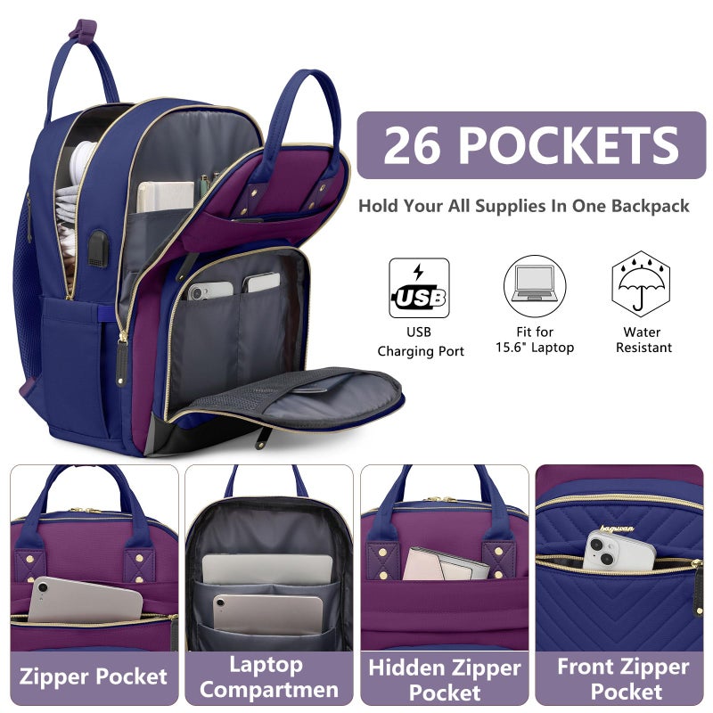 bagswan Laptop Backpack for Women Work Bag - 15.6 inch Travel Backpack Purse with USB Charger College Bookbag Waterproof Cute Casual Daypack Fashion Business Computer Backpacks for Teacher Nurse Purple Blue - Image 2