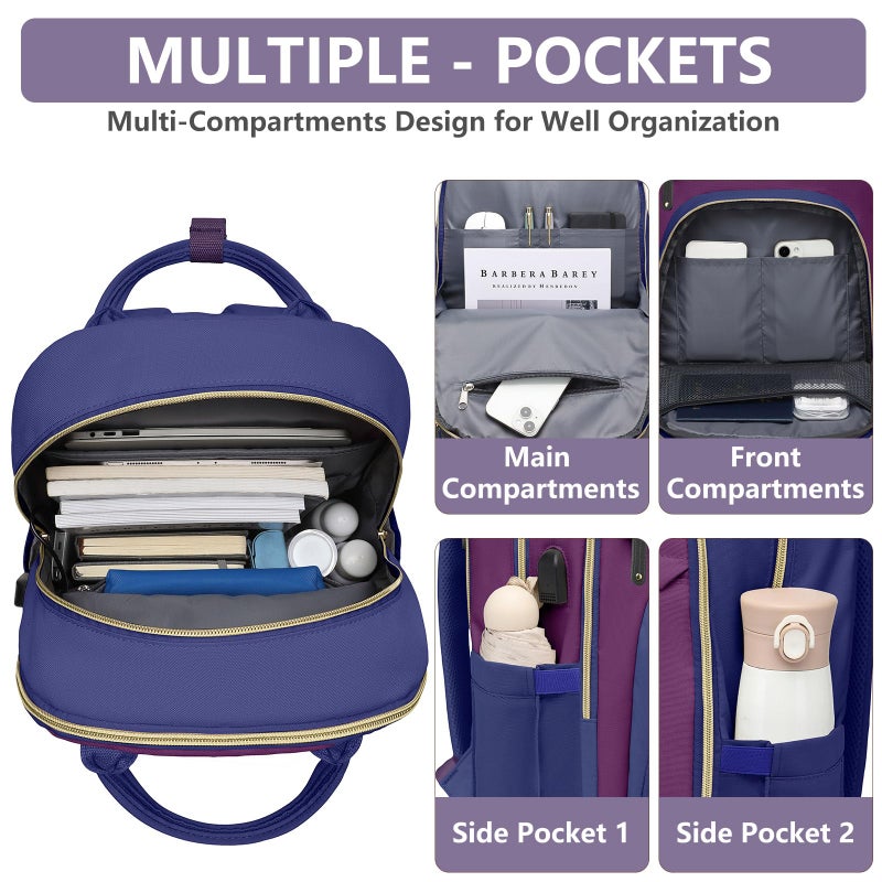 bagswan Laptop Backpack for Women Work Bag - 15.6 inch Travel Backpack Purse with USB Charger College Bookbag Waterproof Cute Casual Daypack Fashion Business Computer Backpacks for Teacher Nurse Purple Blue - Image 3