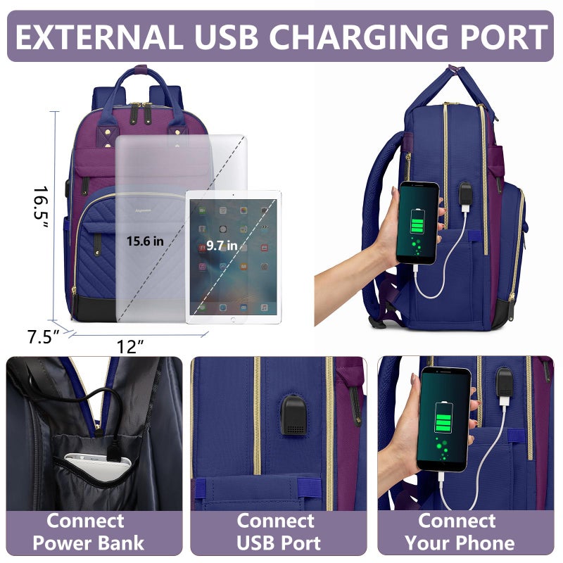 bagswan Laptop Backpack for Women Work Bag - 15.6 inch Travel Backpack Purse with USB Charger College Bookbag Waterproof Cute Casual Daypack Fashion Business Computer Backpacks for Teacher Nurse Purple Blue - Image 4