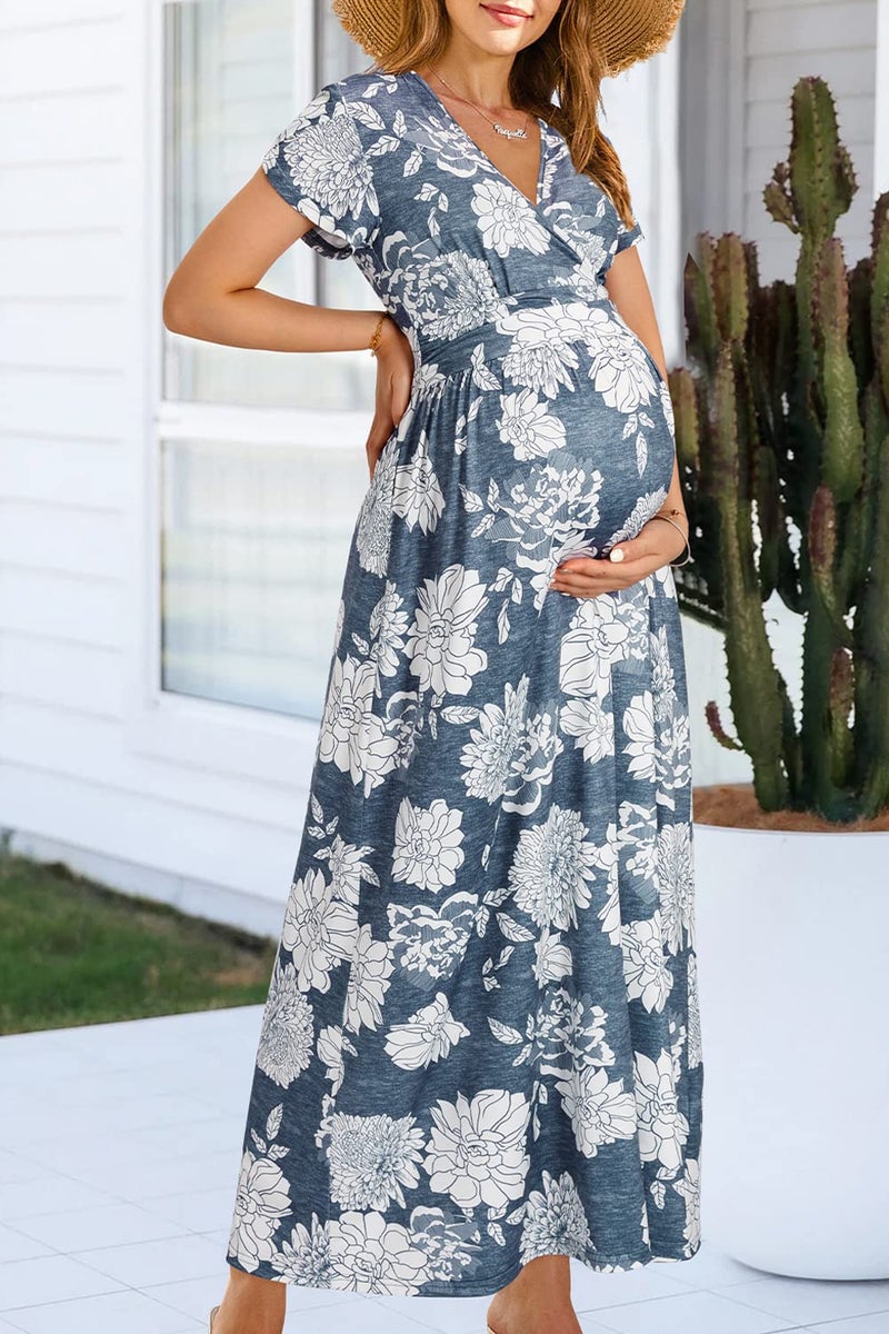 OUGES Maternity Maxi Dress Wrap Baby Shower Pregnancy Dresses for Photoshoot Maternity Outfits Summer Clothes 2026(Floral-12, Large) - Image 3