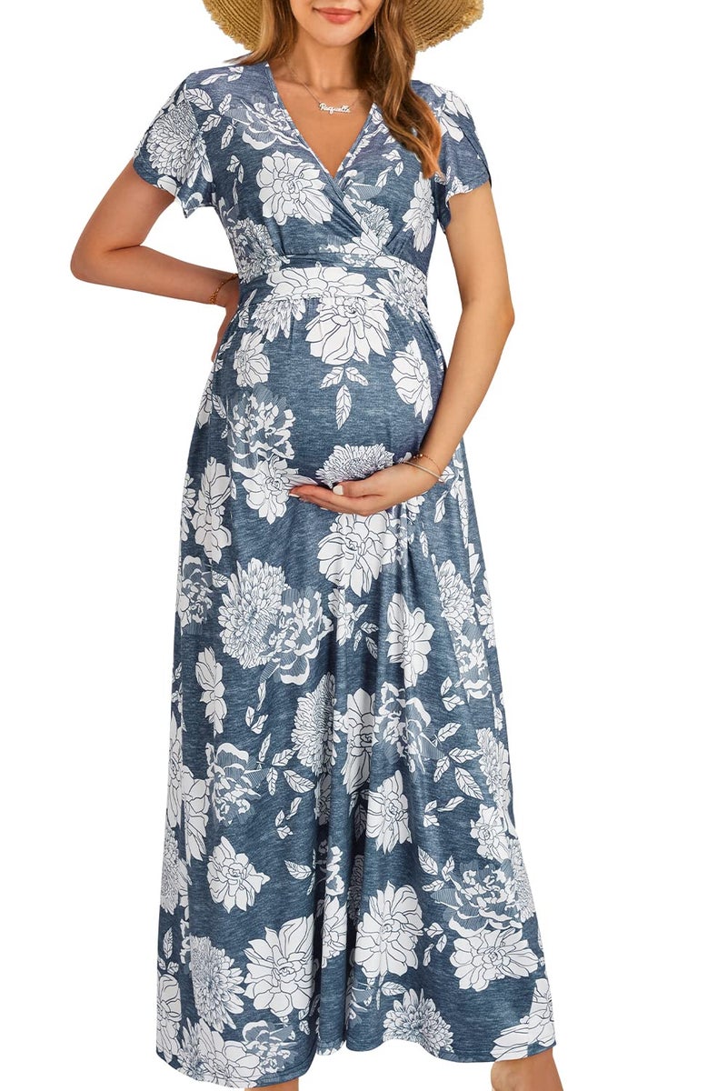 OUGES Maternity Maxi Dress Wrap Baby Shower Pregnancy Dresses for Photoshoot Maternity Outfits Summer Clothes 2026(Floral-12, Large) - Image 1