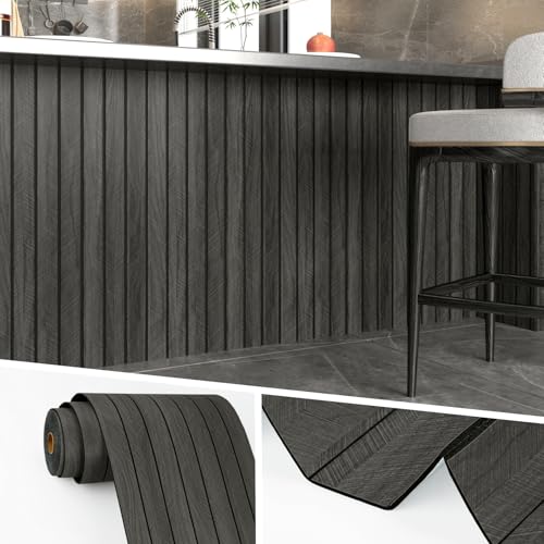 Wallercity 3D Wood BlackGrey Wall Panels Wood Slat Acoustic Panel for Walls Ceiling Peel and Stick Textured Sound Absorbing Panel for Bedroom Living Room Vinyl Waterproof Fence Paneling 117x197 IN - Image 1