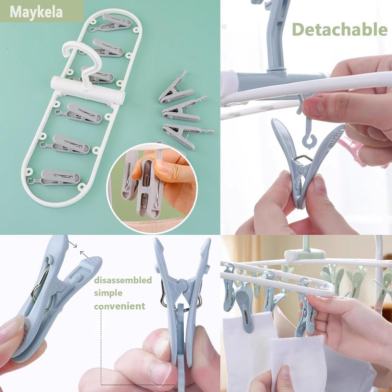 Maykela رف تجفيف الملابس 2 قطعة، قابل للطي، محمول، شماعة غسيل بلاستيكية مع 12 مشبك غسيل، مشابك ملابس لرف التجفيف، شماعة مشابك قابلة للطي لتجفيف الجوارب والمناشف وحمالات الصدر - Image 3