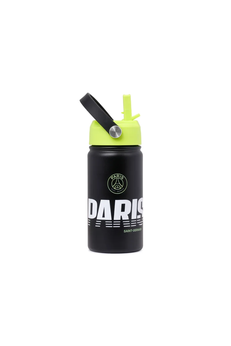 Bamboo Bark Paris Saint Germain Stainless Steel Insulated Water Bottle 400ml with Straw Lid, PSG Football Leakproof School Bottle for Boys, Teens & Kids, Reusable Metal Sports Bottle for Gym, Travel & Outdoor Use (Green & Black)