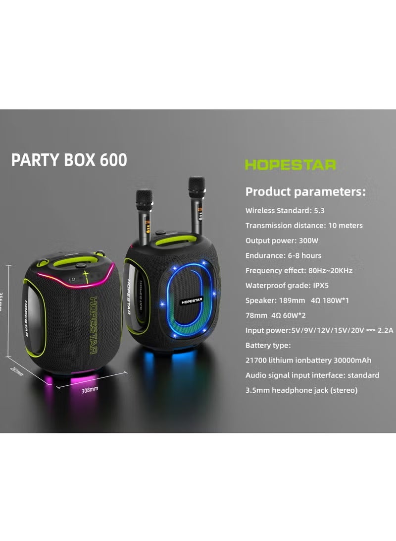 Hopestar Party Box 600 300W Max Portable Bluetooth Speaker with 2 Wireless Microphones, IPX6 Waterproof, Deep Bass Subwoofer, RGB Lights, TWS, Karaoke, DSP & 30,000mAh Battery – Ultimate Loud Party Boombox for Indoor & Outdoor Events - Image 2