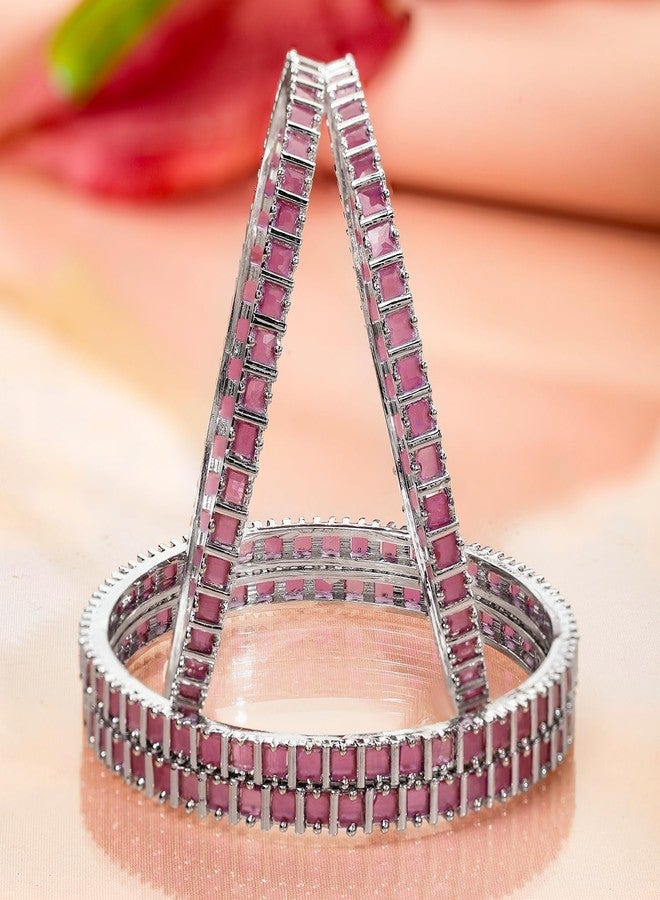 Rubans Set of 4 Rhodium-Plated Pink Cubic Zirconia Studded Handcrafted Premium Bangles for Women & Girls | Elegant Wedding & Festive Jewelry - Image 4