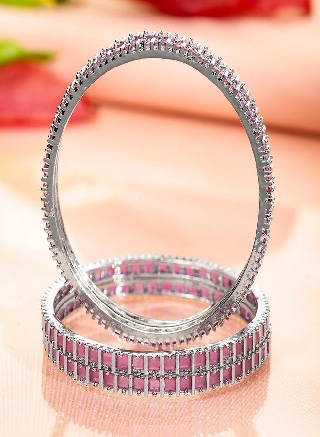 Rubans Set of 4 Rhodium-Plated Pink Cubic Zirconia Studded Handcrafted Premium Bangles for Women & Girls | Elegant Wedding & Festive Jewelry - Image 5