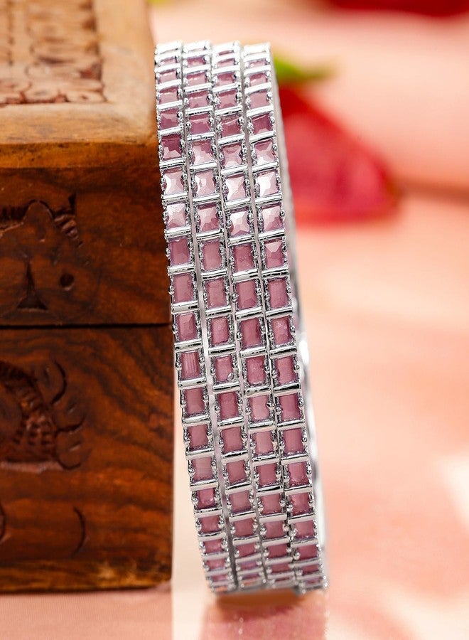 Rubans Set of 4 Rhodium-Plated Pink Cubic Zirconia Studded Handcrafted Premium Bangles for Women & Girls | Elegant Wedding & Festive Jewelry - Image 3
